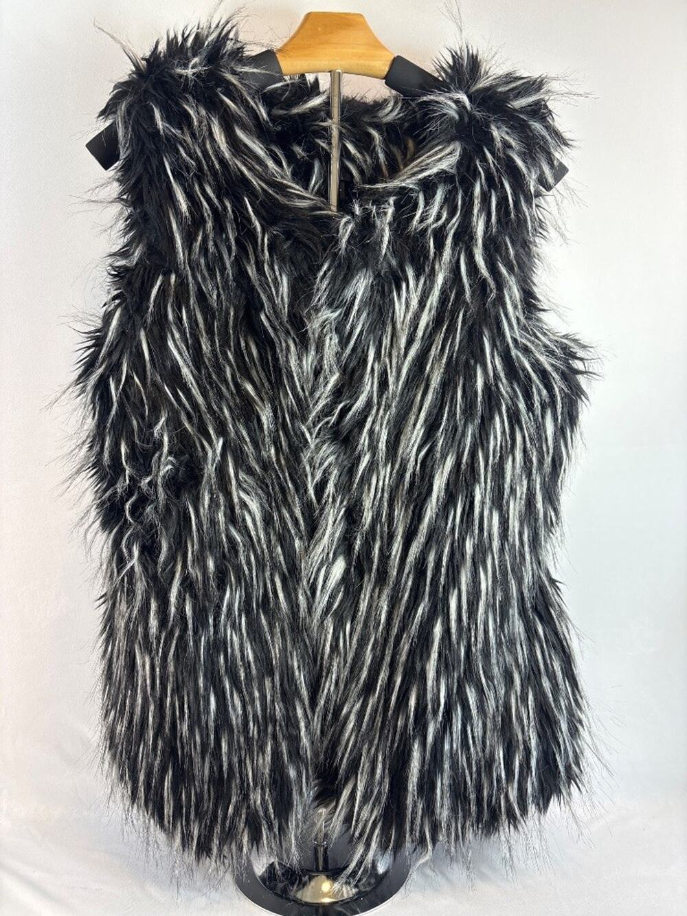 Nicole by Nicole Miller Faux Fur Vest Black White Shaggy Boho Women's S